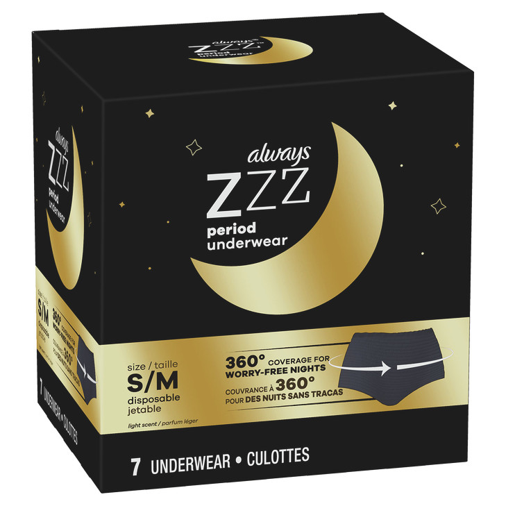 Always ZZZ Overnight Disposable Period Underwear for Women Size S/M, 360 Degrees Coverage, 7 Count
