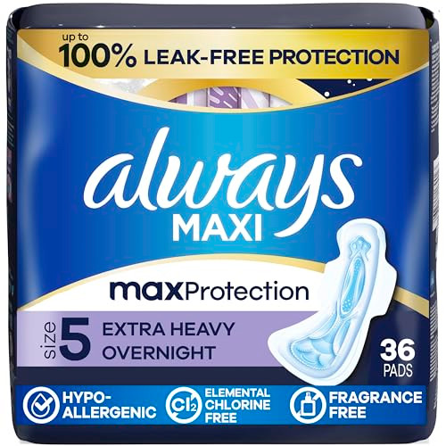 Always Maxi Overnight Pads with Wings for Women, Size 5, Extra Heavy Overnight Absorbency, Unscented, 36 Count