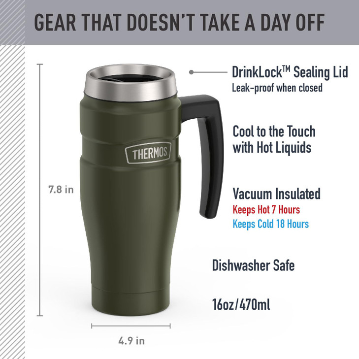 THERMOS Stainless King Vacuum-Insulated Travel Mug with Handle - 16oz, Army Green - Thermos Tumbler for Hot & Cold Drinks - Leak-Proof & Sweat-Proof