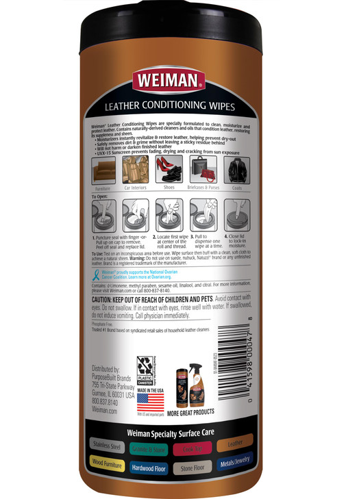 Weiman Leather Cleaner & Conditioner Wipes With UV Protection, Prevent Cracking Or Fading Of Leather Couches, Car Seats, Shoes, Purses - 30 ct