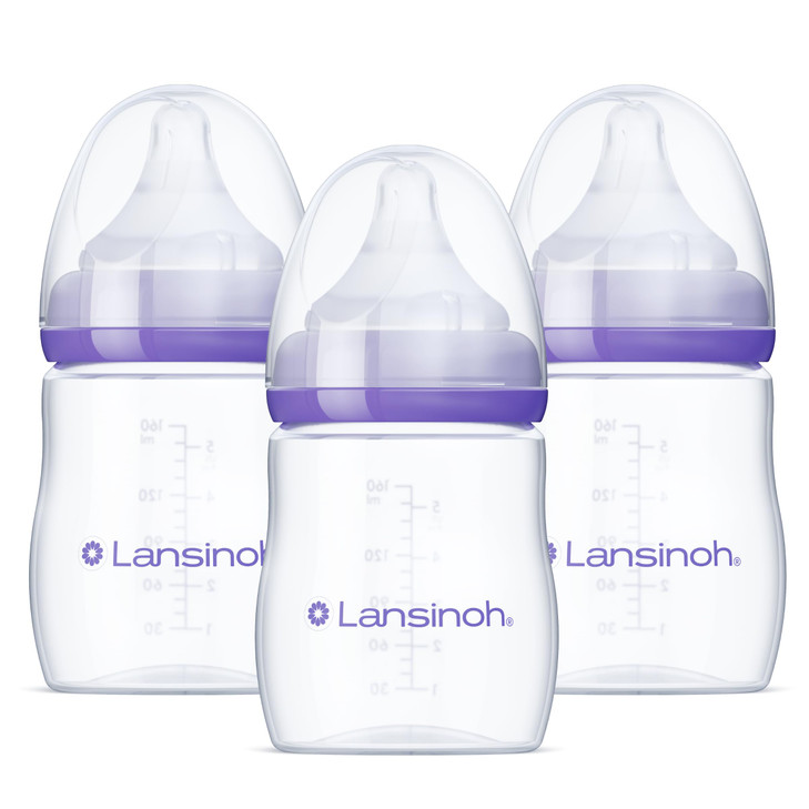 Lansinoh Anti-Colic Baby Bottles, BPA-Free Plastic, 5 Ounces, 3 Count, Slow Flow Nipples (Size S), Breastfeeding Bottle with NaturalWave Design, Baby