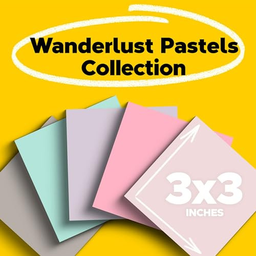 Post-it 100% Recycled Paper Super Sticky Notes, 3 in. x 3 in., 5 Pads, 70 Sheets per Pad, Wanderlust Pastels, School Supplies and Office Products