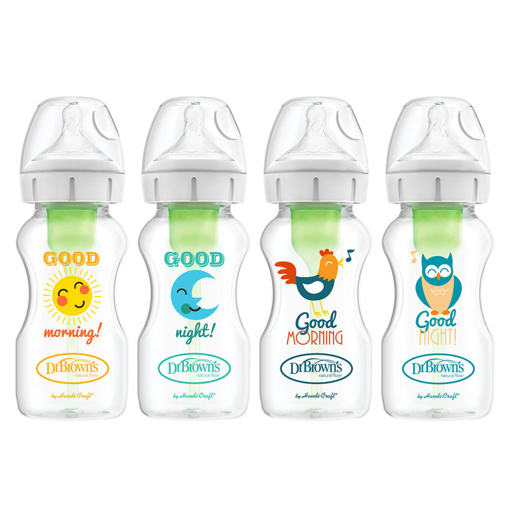 Dr. Brown's Natural Flow Anti-Colic Options+ Wide-Neck Baby Bottles, 9 oz/270 mL, with Level 1 Slow Flow Nipple, 4 Pack Good Morning/Good Night Gift