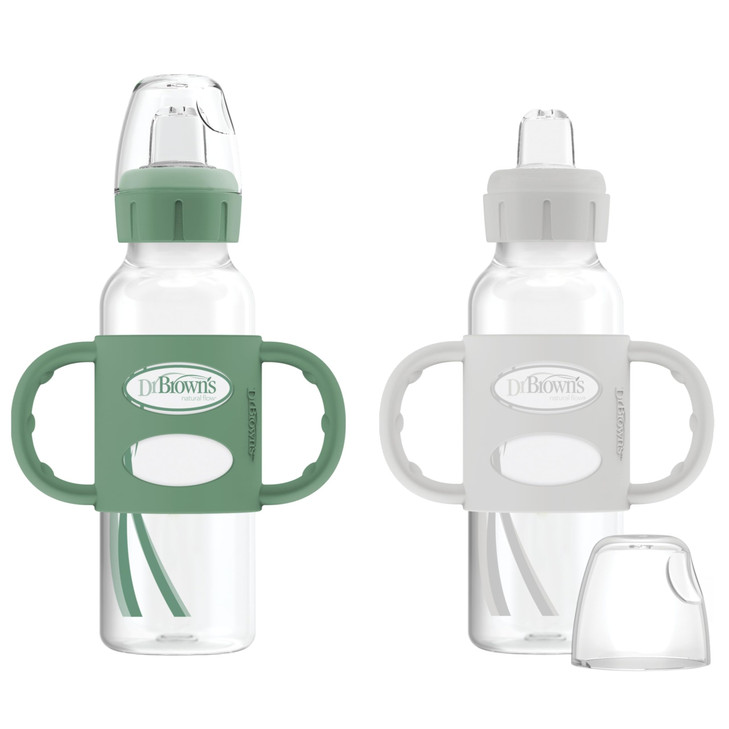 Dr. Brown's Milestones Narrow Sippy Spout Bottle with 100% Silicone Handles, Easy-Grip Handles with Soft Sippy Spout, 8oz/250mL, Green & Gray, 2-Pack