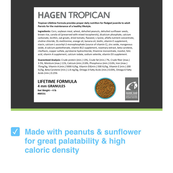 Hagen Tropican Lifetime Formula Parrot Food, 4 lb. - Hari Parrot Food with Peanuts & Sunflower Seeds and Balance Nutrition Levels
