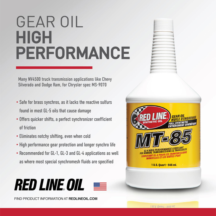 Red Line 50504 MT-85 Manual Transmission 75W85 GL-4 Gear Oil - 1 Quart