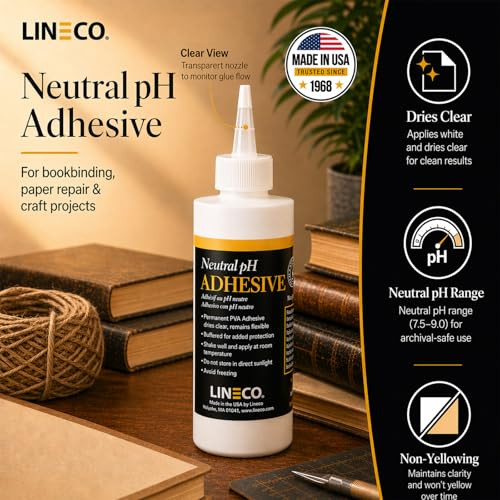 LINECO Neutral pH Adhesive 8 Oz, Acid-Free, All-purpose Glue, Dries Clear and Remains Flexible. Used for Bookbinding and Book Repair, Framing, Collag