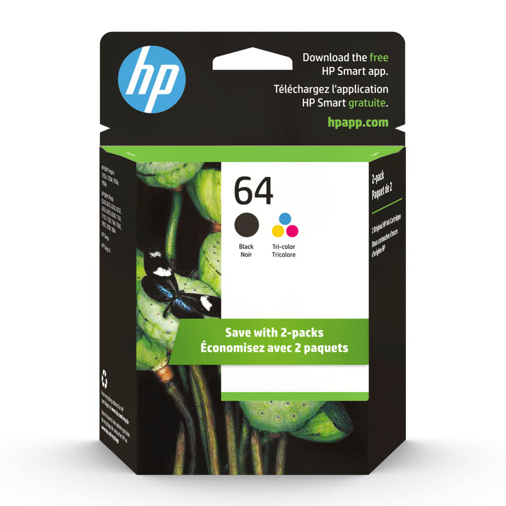 HP 64 Black & Tri-Color Ink Cartridges Printers (Combo Pack) | Works with Printer Series: Inspire 7950e; Envy Photo 6200, 7100, 7800; Tango | Eligibl