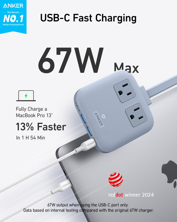 Anker Travel Power Strip, Anker Nano 67W Max 6-in-1 USB C Charger, 2 AC, 2 USB A and 2 USB C, 5ft Thin Undetachable Flat Plug Extension Cord with Mul