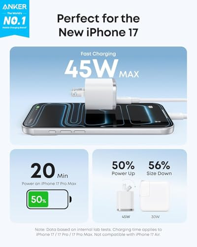 Anker Nano Charger, 45W Fast Charging, Compact and Foldable Plug USB C Charger Block for iPhone 17 Series, MacBook, Pixel 9, iPad, Samsung Galaxy S25