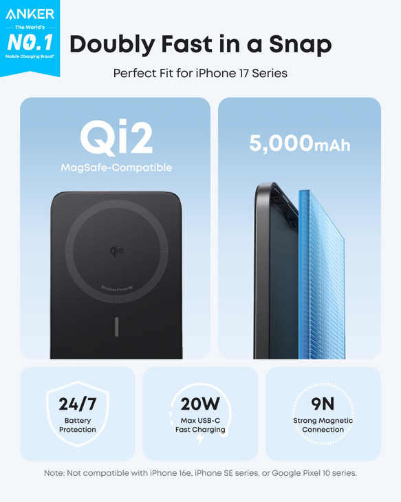 Anker Nano MagSafe Power Bank, Ultra-Slim 5,000mAh Magnetic Wireless Charging Battery, Qi2 Certified 15W Max MagSafe-Compatible Portable Charger, Erg