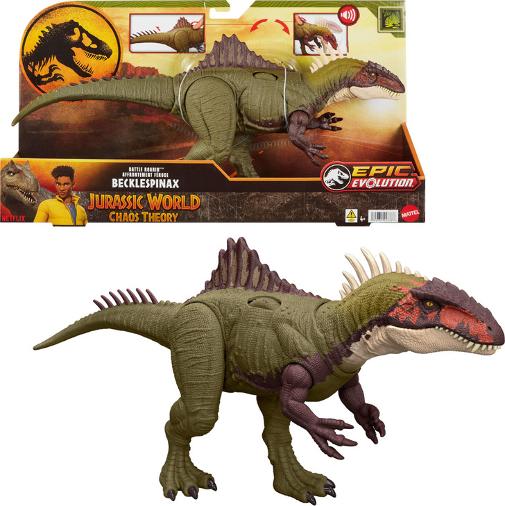 Mattel Jurassic World Chaos Theory Battle Roarin Becklespinax Dinosaur Action Figure Toy, Rampage Head Strike, Chomp, Roars & Snarls, Extending Spik