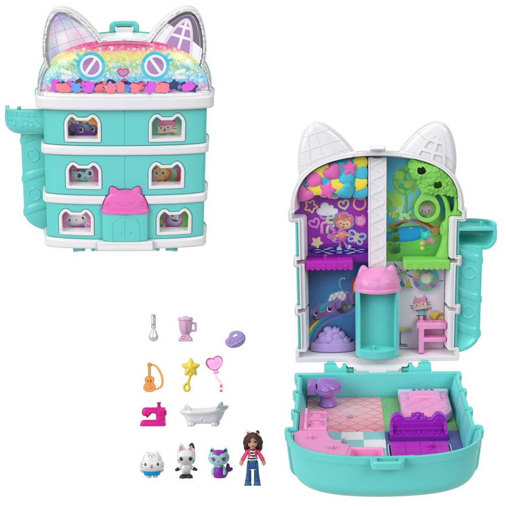 Polly Pocket x Gabbys Dollhouse Compact, Micro Dolls and Playset, 9 Themed Accessories, Pandy Paws, Cakey, & Mercat Pet Friends