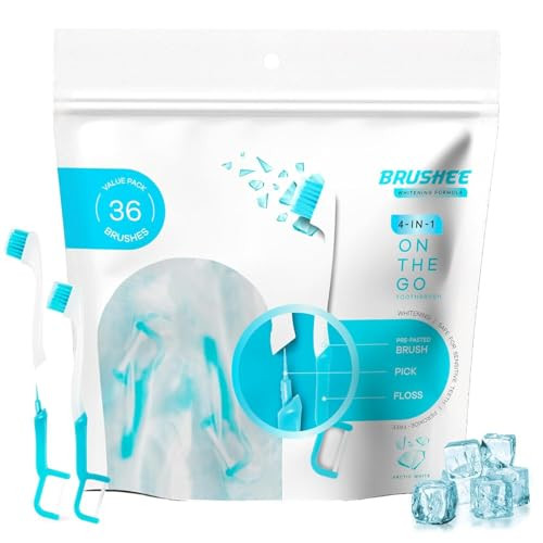 Brushee The Evolution Oral Care Whitening | Prepasted On-The-Go Whitening Toothbrushes | 4-in-1 (Paste + Brush + Floss + Pick) | Individually Wrapped