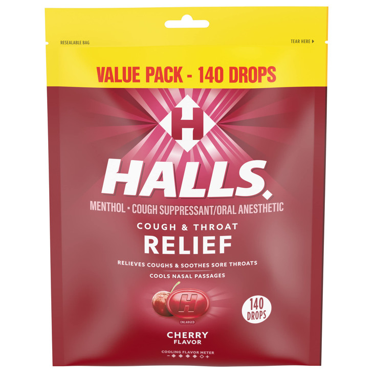 Halls Cough and Throat Relief Cherry Cough Drops, Bulk Pack, 140 Drops