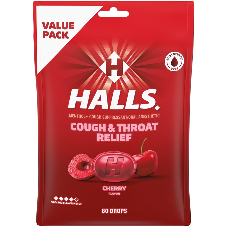 HALLS Cough and Throat Relief Cherry Cough Drops, Value Pack, 80 Drops