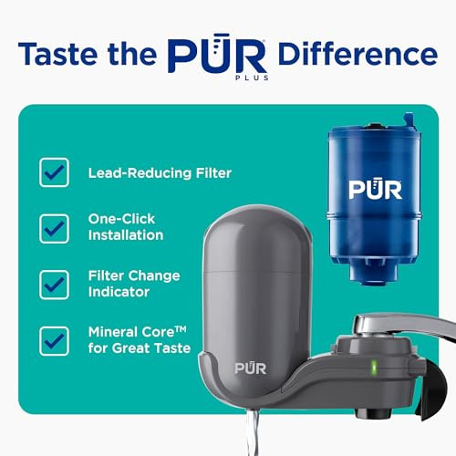 PUR Plus Vertical Faucet-Mount Water Filtration System, Lead-Reducing Filter, Easy Installation, 100-Gallon Capacity, Compatible with External Aerato