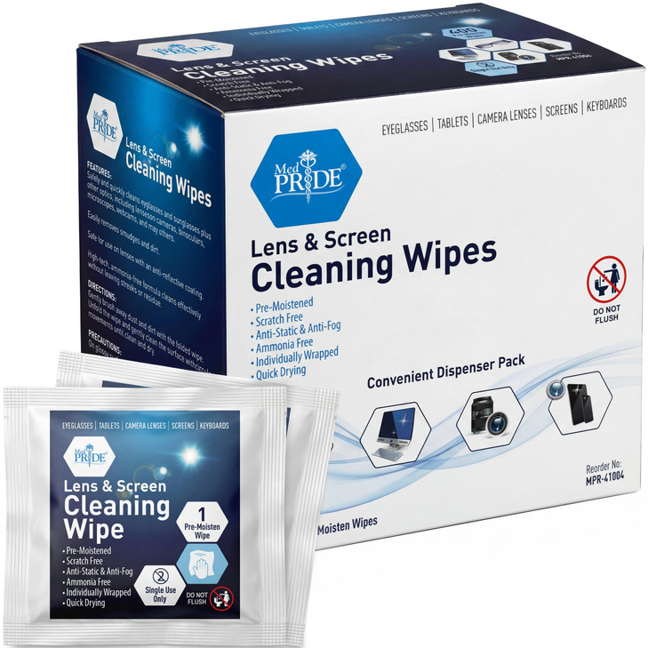 MED PRIDE Lens and Screen Cleaning Wipes for Eyeglasses, Touch Screens, Cameras, Anti-Fog, Scratch-, Anti-Static (100 100 Count (Pack of 1))
