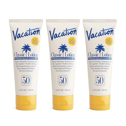 Vacation Classic Sunscreen Lotion SPF 50, Water-Resistant, Lightweight, Transparent on All Skin Tones, Dermatologist-Tested, Vegan, Travel Size, 3.4