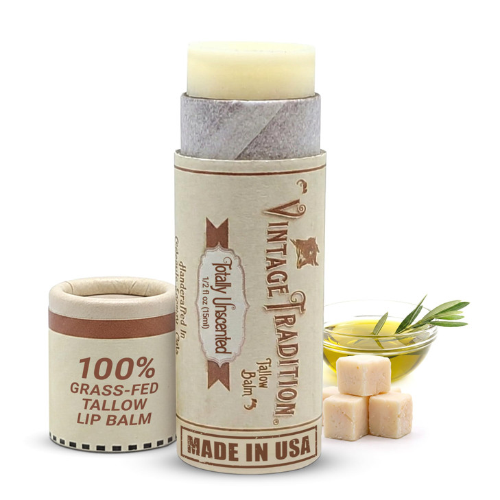 Vintage Tradition Moisturizing Beef Tallow Lip Balm  Unscented Tube Lip Moisturizer for Sensitive Skin Hydrates & Soothes Dry Lips  Grass-Fed Tallo