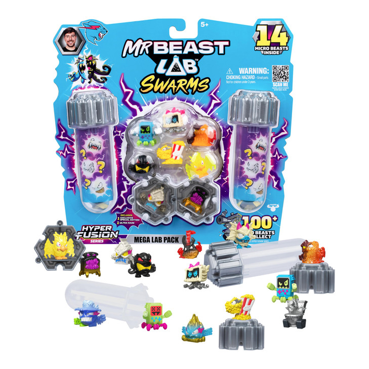 MrBeast Lab Swarms Series 3, Hyper Fusion Series, 14 Pack Collectible Micro Beasts, 14 Collectible Stickers & 4 Fusion Caps to Build Out Your Own MrB
