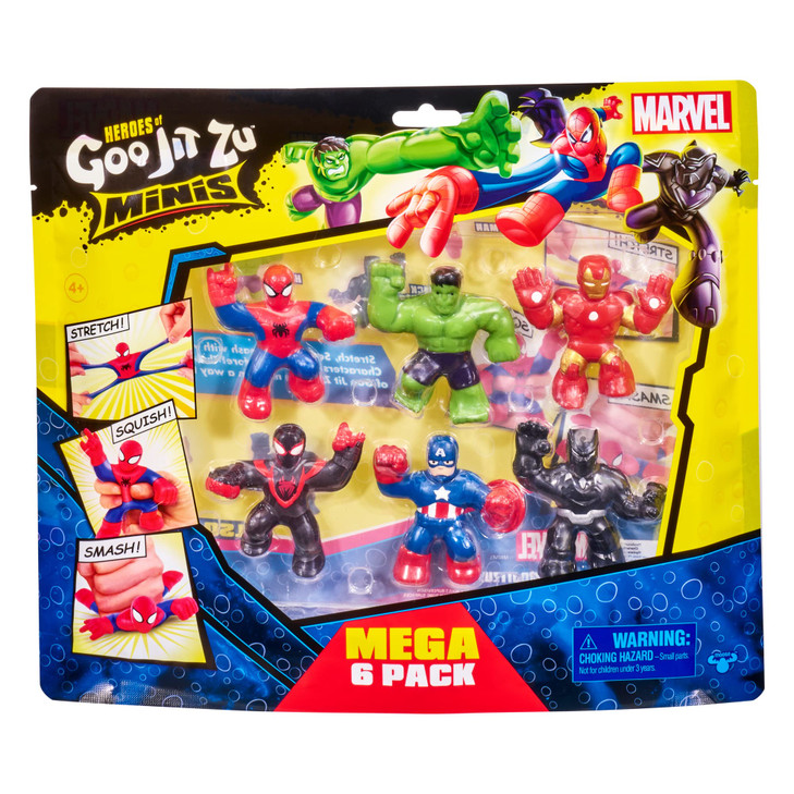 Heroes of Goo Jit Zu Marvel Mega Mini 6 Pack - Superhero Toys, Squishy, Stretchy, Gooey Mini Heroes - Ironman, Spider-Man, Captain America, Miles Mor