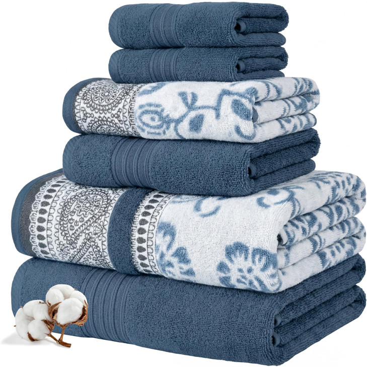 Modern Threads Floral Trail 6-Piece 100% Cotton Towel Set  Reversible Yarn Dyed Jacquard - Includes 2 Bath Towels, 2 Hand Towels, 2 Washcloths  Abs