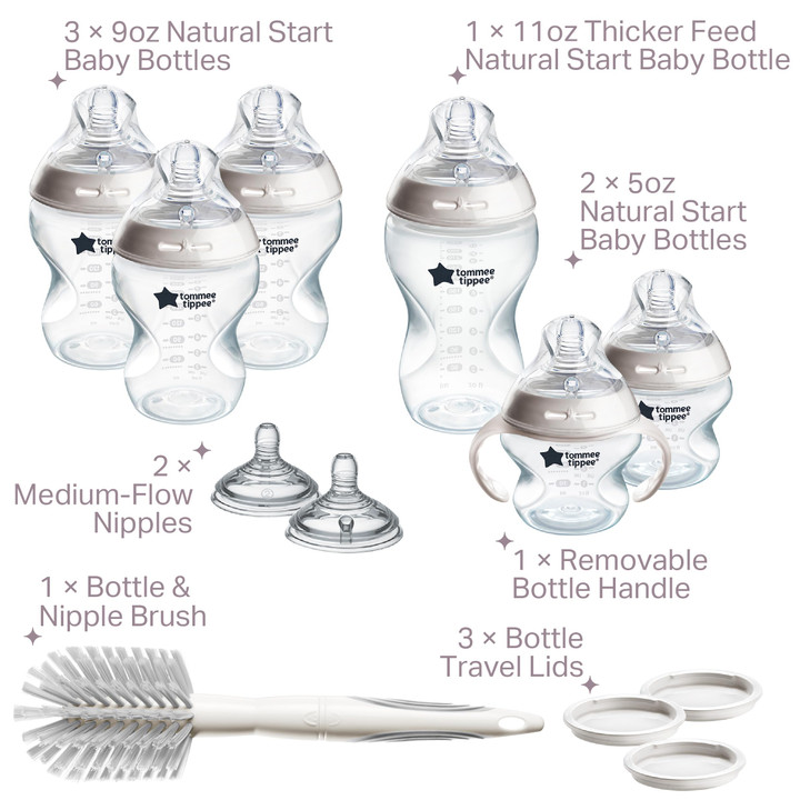 Tommee Tippee Natural Start 12 Piece BPA Free Bottle Set, Includes 2 x 5 oz, 3 x 9 oz, 1 x 11 oz Bottles, Newborn 0+ Months, Slow, Medium & Thicker F