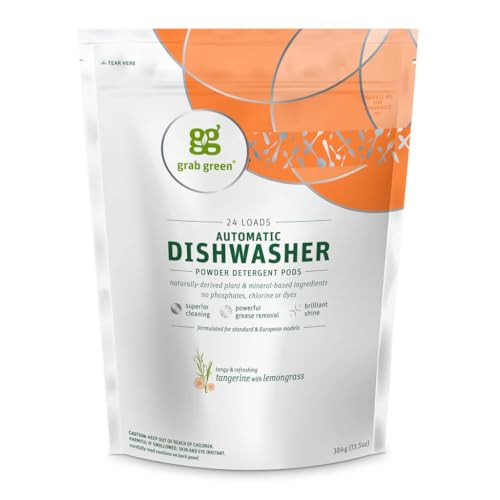 Grab Green Automatic Dishwashing Detergent Pods, 24 Count, Tangerine Lemongrass Scent, Plant and Mineral Based, Superior Cleaning, Powerful Grease Re