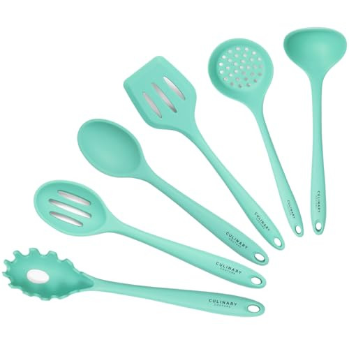 Culinary Couture Aqua Sky Silicone Cooking Utensils Set - Sturdy Steel Inner Core - Spatula, Mixing & Slotted Spoon, Ladle, Pasta Server, Drainer - H