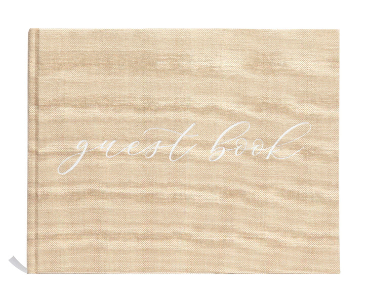 Pearhead Linen Wedding Guest Book with White Script, Elegant Bridal Shower & Wedding Keepsake, Includes Pen, 100 Blank Pages, 7 x 9, Beige