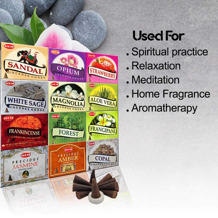Hem 12 Assorted Boxes of Incense Cones, (120 Total)| Natural Fragrance for Aromatic Rooms | Odor Remover Incense for Stress Relief & Relaxation (Asso