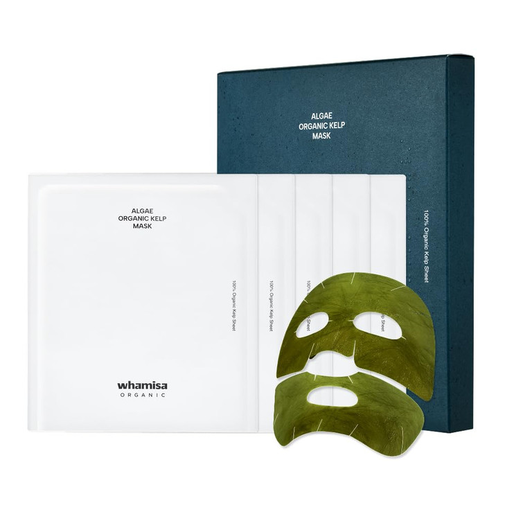 Whamisa Organic Algae Kelp Facial Sheet Mask, De-Puffing, Deep Hydration, Calming, Moisturizing, Fermentation, Korean Skin Care (5 PCS/Pack)