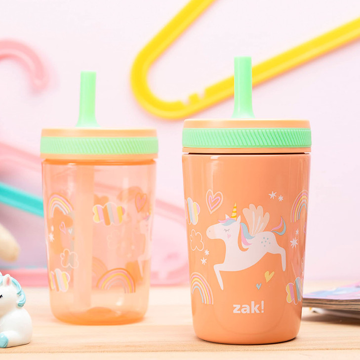 Zak Designs Unicorn Kelso Tumbler Set,Leak-Proof Screw-On Lid with Straw, Bundle for Kids Includes Plastic and Stainless Steel Cups with Bonus Sipper