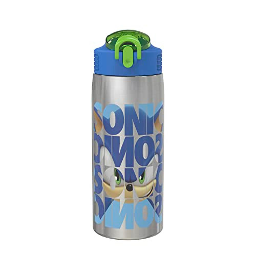 Zak Designs Sonic the Hedgehog Water Bottle for Travel and At Home, 19 oz Vacuum Insulated Stainless Steel with Locking Spout Cover, Built-In Carryin