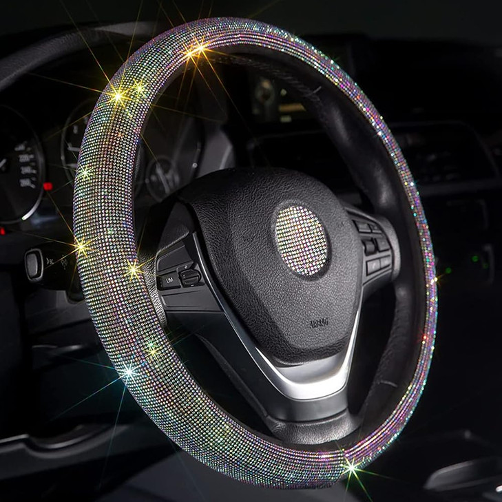 Carwales Car Bling Steering Wheel Cover for Women Girls 15 Inch Universal Colorful Crystal Rhinestone Diamond Rainbow Bling Accessories Anti Slip Whe