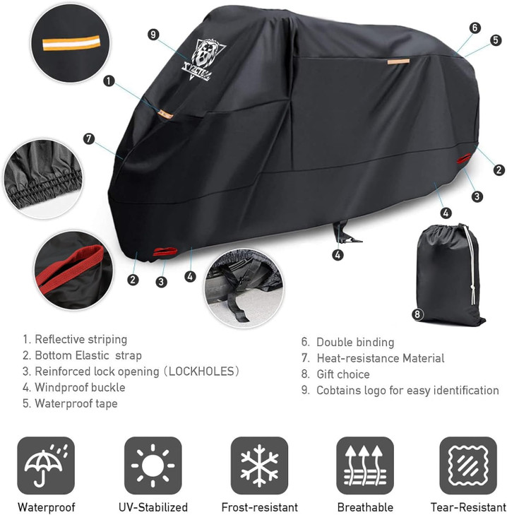 XYZCTEM Motorcycle Cover -Waterproof Outdoor Storage Bag, Made of Oxford Material, Fits up to 116" Harley Davison and All Motors (Black& Lockholes& P