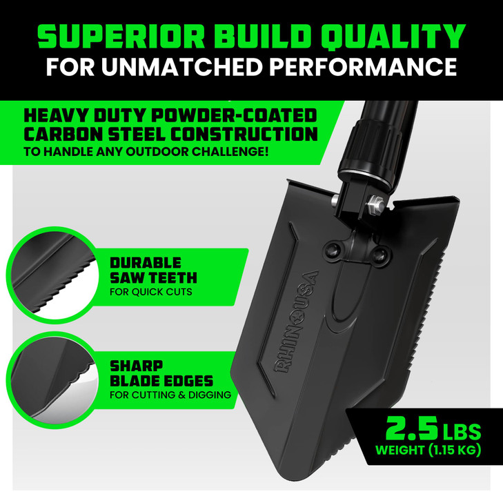 RHINO USA Folding Survival Shovel w/Pick - Heavy Duty Carbon Steel Military Style Entrenching Tool for Off Road, Camping, Gardening, Beach, Digging D