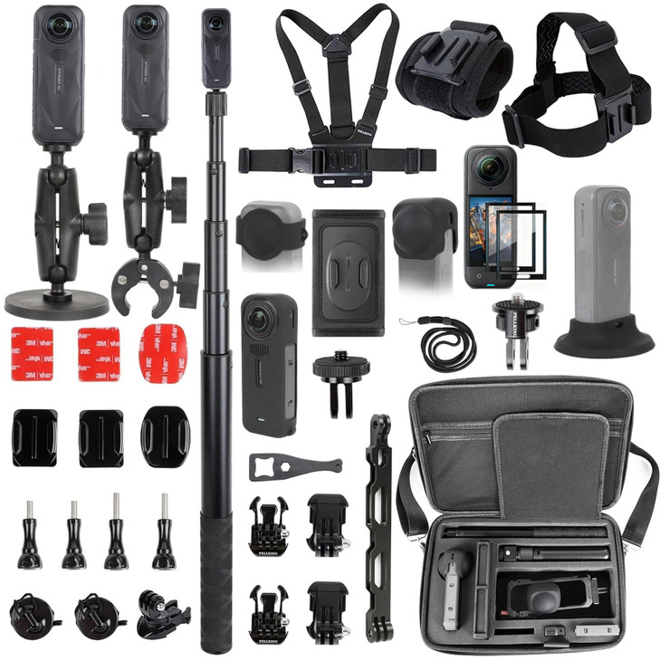 PellKing Accessories Kit for insta360 X5,Included Carrying Case with Belt,2 Pcs Metal 1/4" Adapter,Handlebar Clamp,Magnetic Mount,43in Selfie Stick,C