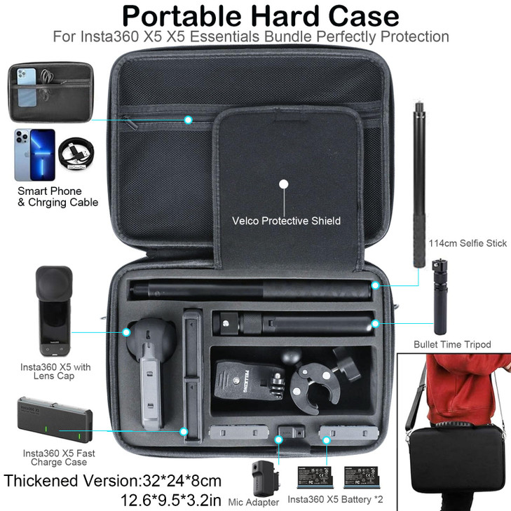PellKing Accessories Kit for insta360 X5,Included Carrying Case with Belt,2 Pcs Metal 1/4" Adapter,Handlebar Clamp,Magnetic Mount,43in Selfie Stick,C