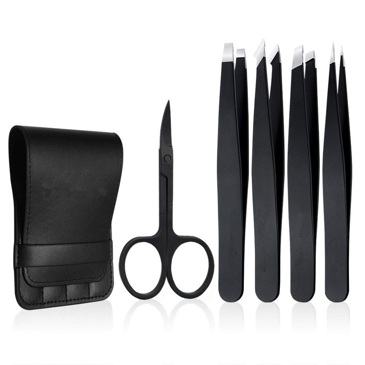 Tweezers Set 5-Piece - Professional Stainless Steel Tweezers with Curved Scissors, Best Precision Tweezer for Eyebrows, Splinter & Ingrown Hair Remov