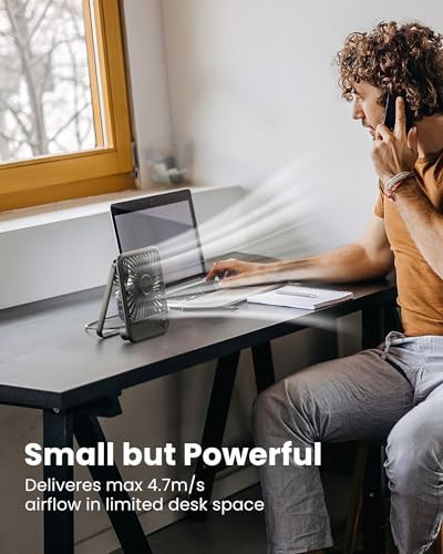 Koonie USB Desk Fan, Strong Wind Ultra Quiet Small Personal Fan with 180° Tilt Folding and 3 Speeds Adjustable, USB-C Corded Powered Mini USB Fan for