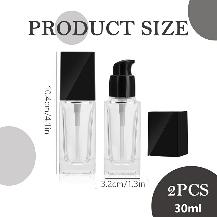 2Pcs 1Oz Square Glass Pump Bottles Clear Lotion Containers with Black Pump Head Empty Travel Vials for Foundation Cleanser Essential Oils Liquids Cre