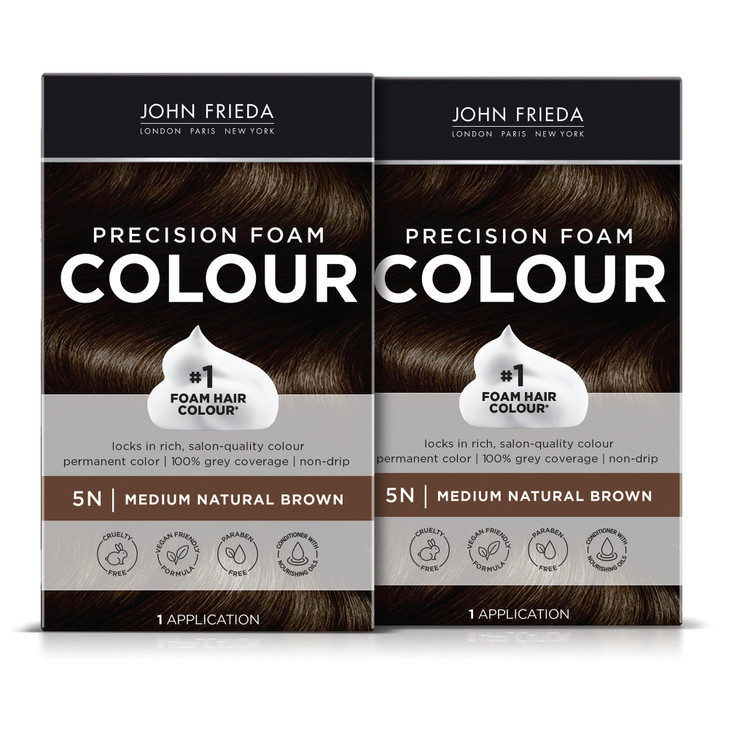 John Frieda Precision Foam Colour, Medium Natural Brown 5N, Full-coverage Hair Color Kit, Anti-Fade Gray Coverage, Deep Color Saturation Hair Dye, Pa