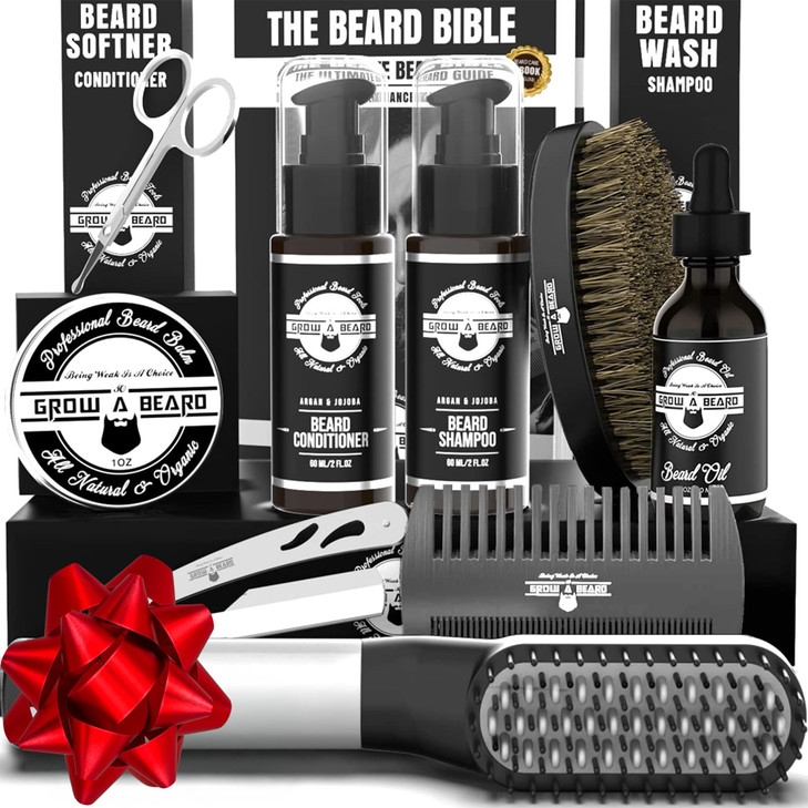 Beard Straightener Grooming Kit for Men, Beard Growth Kit, Wash, Brush & Comb, Unscented Growth Oil, All Natural Sandalwood Balm, Conditioner, Razor