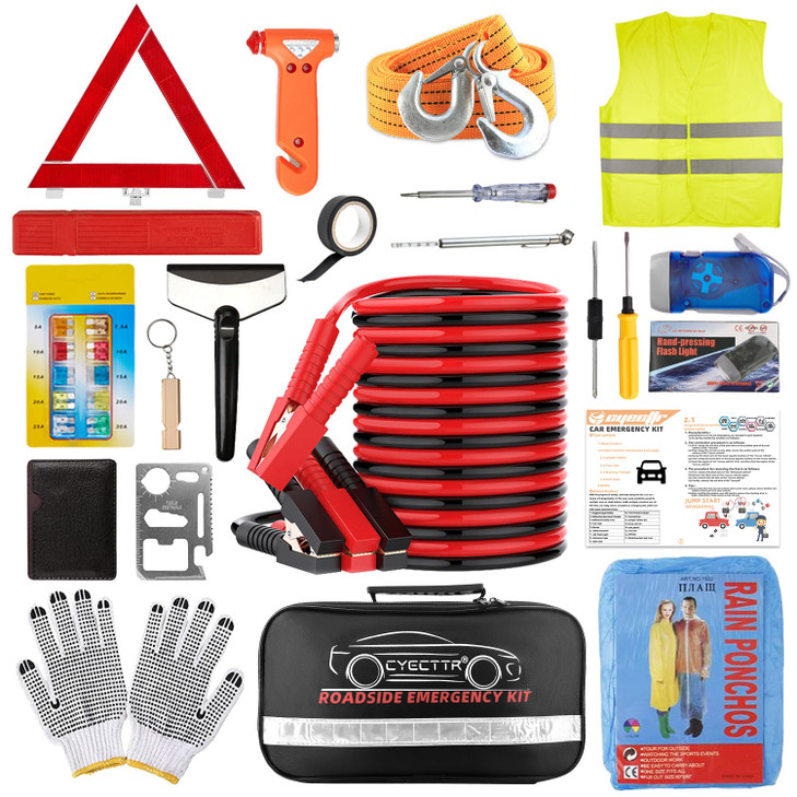 CYECTTR Car Roadside Emergency Kit,Auto Vehicle Truck Safety Emergency Road Side Assistance Kits with Jumper Cables,Safety Hammer,Reflective Warning