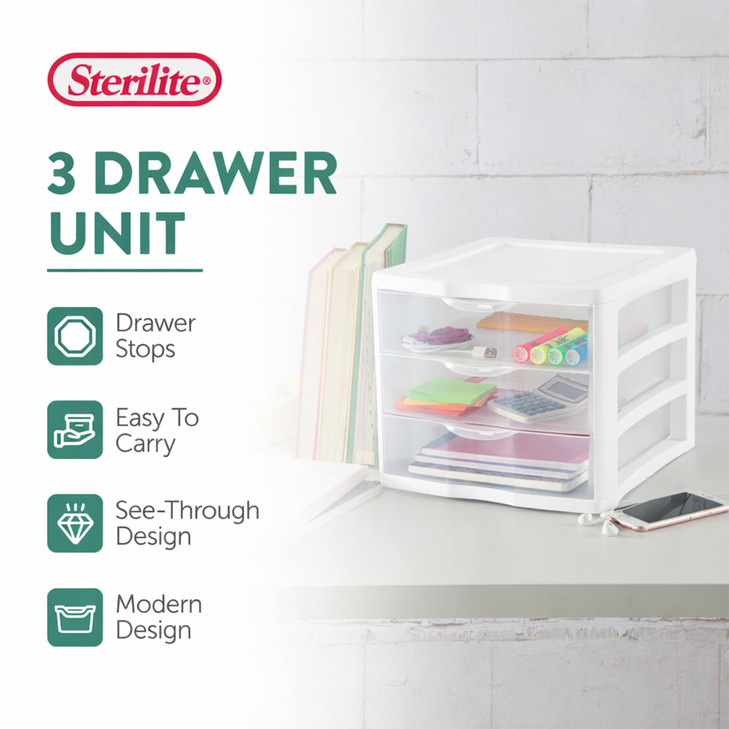 Sterilite Clearview Plastic Multipurpose Small 3 Drawer Desktop Storage Organization Unit for Home, Classrooms, or Office Spaces, White, 6 Pack
