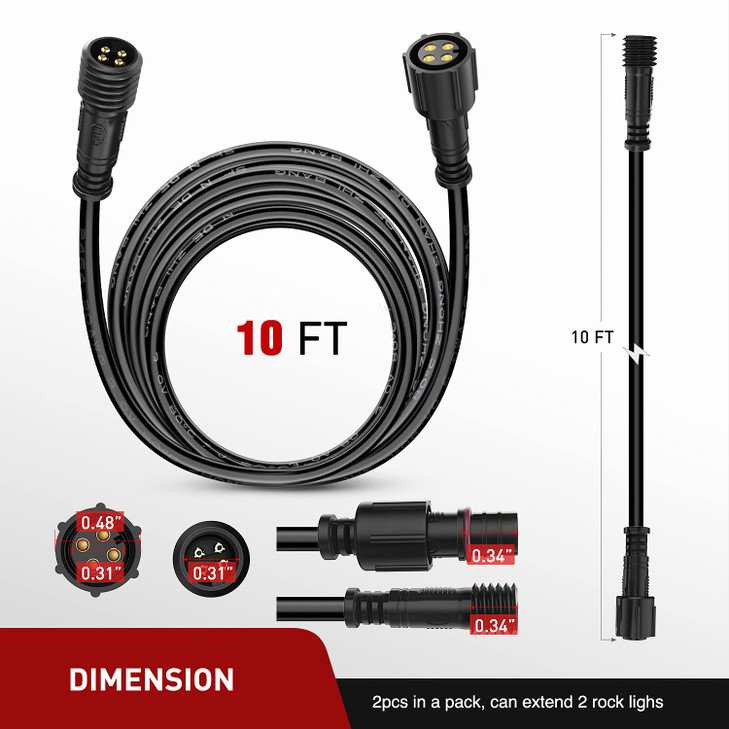 Nilight 2 Pack 10FT 4 Pin RGB Cable Cord for 4 and 8 Pods Multi Color Underglow Rock Light Kits Wheel Well Lights Extension Wire,2 Years Warranty