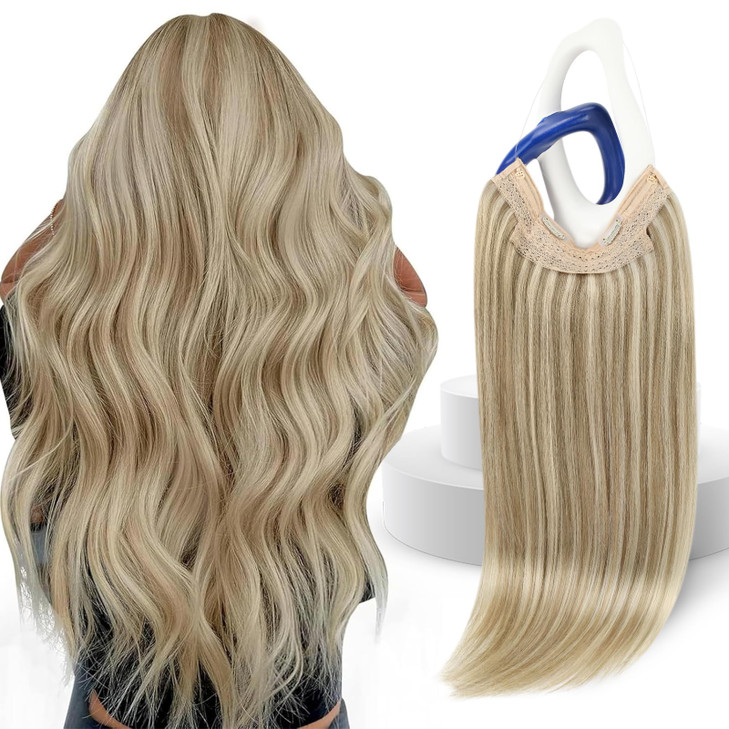 Sunny Hair Wire Hair Extensions Real Human Hair Softness 18 Inch 85G Color 16/22 Golden Blonde Highlights Medium Blonde Invisible Transparent Line Ad