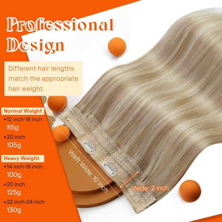 Sunny Hair Wire Hair Extensions Real Human Hair Softness 18 Inch 85G Color 16/22 Golden Blonde Highlights Medium Blonde Invisible Transparent Line Ad